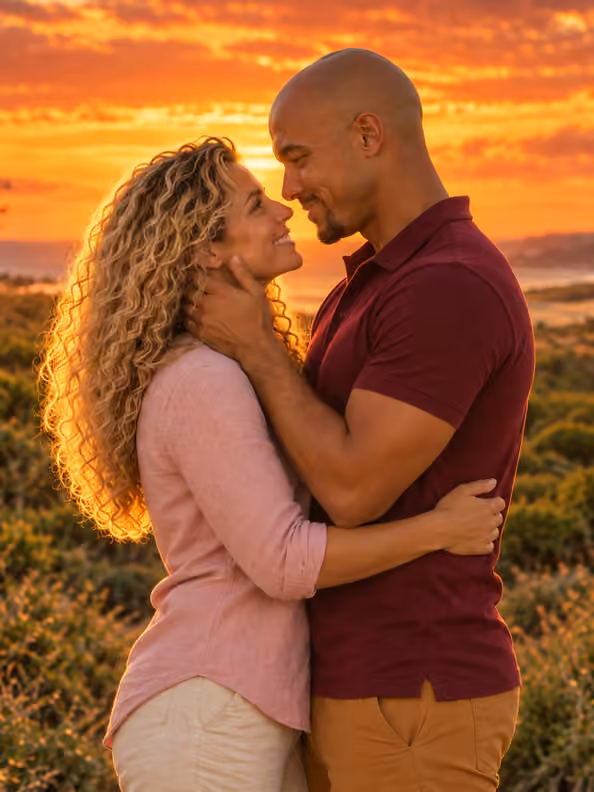 Casal apaixonado diante de um pôr do sol