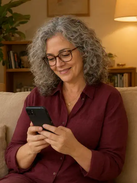 Mulher sorrindo enquanto escreve uma mensagem no celular