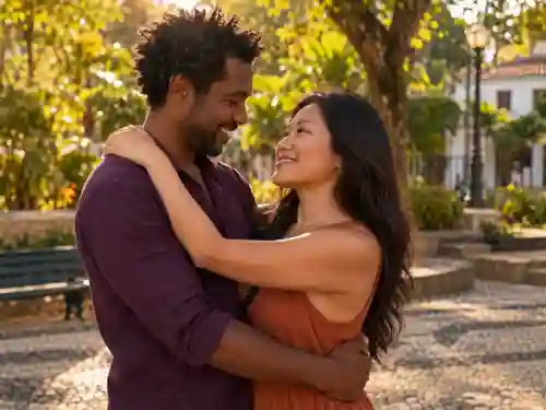 Casal abraçado e sorrindo em praça brasileira